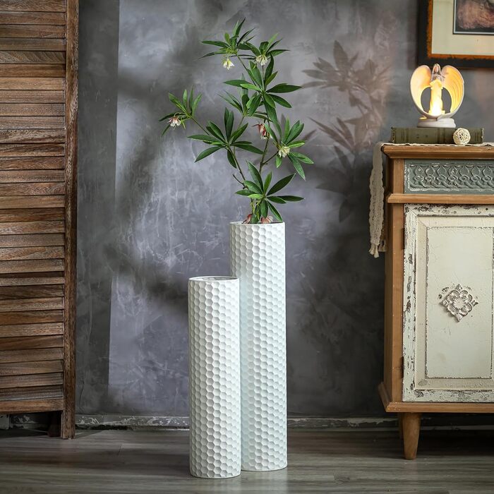 Large Floor Vase: 70/55 cm Tall Floor Vase Set of 2 Metal Floor Vase for Living Room Modern Honeycomb Floor Vase Large Vases for Floor for Dining Room Bedroom Corner Hall Office (White)