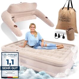 Надувне ліжко для 2 осіб [3-в-1 система] | Елегантне гостьове та кемпінгове ліжко | Надувна матрац з електропомпою 150x200 | Самостійно надувна повітряна матрац для 2 осіб, бежевий