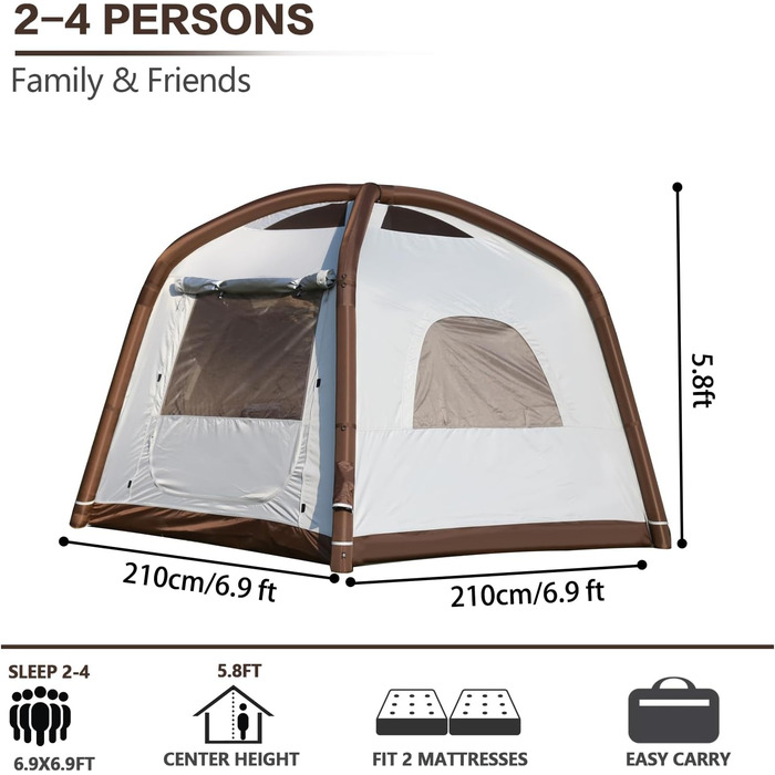 Надувний кемпінговий намет Glamping для 2/4/6/8 осіб 2025: швидкий монтаж, захист від дощу та москітної сітки, коричнево-бежевий