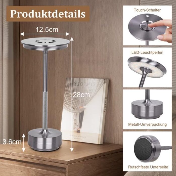 LED настільна лампа Rosnek з бездротовим живленням, 3 режими температури, регулювання яскравості, USB-C, для дому та вулиці (2 шт.)