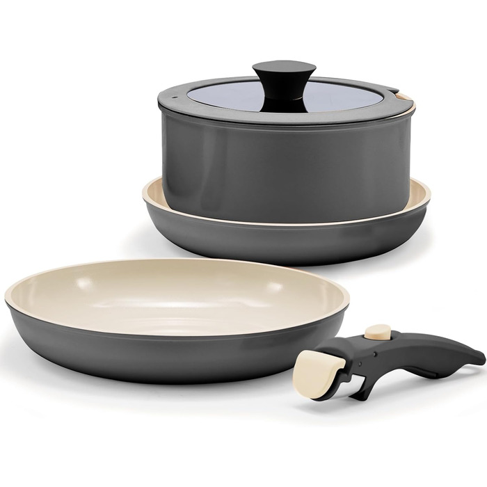 Набір посуду з кераміки 9 шт: каструлі та сковороди з антипригарним покриттям, Induktion, для духовки, без PTFE та PFOA, кремовий (5 шт. чорний)
