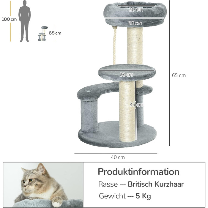 PawHut Cat Tree Climbing Tree with Hammock, 3-Tier Play Tree with Cat Bed Cat Scratching Post with Sitting Platform, Sisal Columns, Grey Ø40 x H65 cm