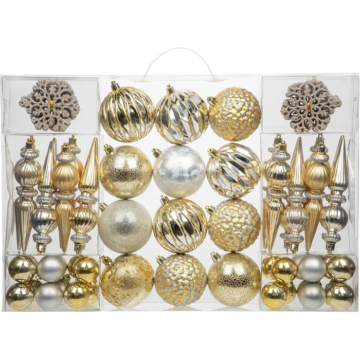 Набір прикрас для ялинки 92 шт. - Стійкі до пошкоджень ялинкові кулі, блакитно-золоті орнаменти. Новорічні прикраси для ялинки, вінка, новорічний декор (шампань & срібло)