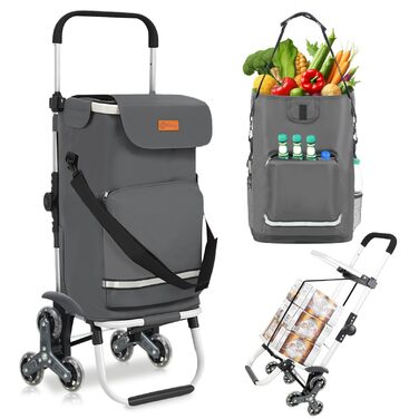 Тролей для покупок Sekey XXL з підйомником для сходин, 3-колісний вагончик для кемпінгу та покупок, регульована ручка, алюміній 3-в-1, з відділенням для охолодження та напоїв (сірий)