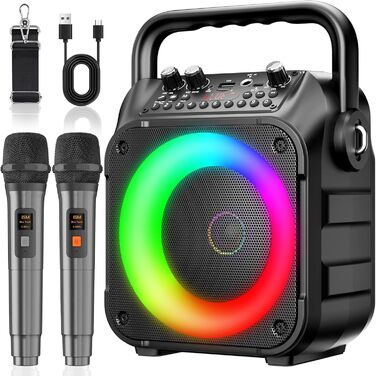 Караоке Машина Ankuka з 2 мікрофонами, Bluetooth, портативна PA система, підтримка TV/TWS/FM/AUX/USB/TF/Rec для вечірок та свят (Чорний)