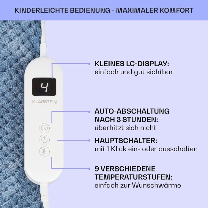 Електрична ковдра Klarstein XXL, 120W, з автовимкненням, для ліжка, дивана та кемпінгу, велика, енергозберігаюча, пральна, 200x180 см, блакитна