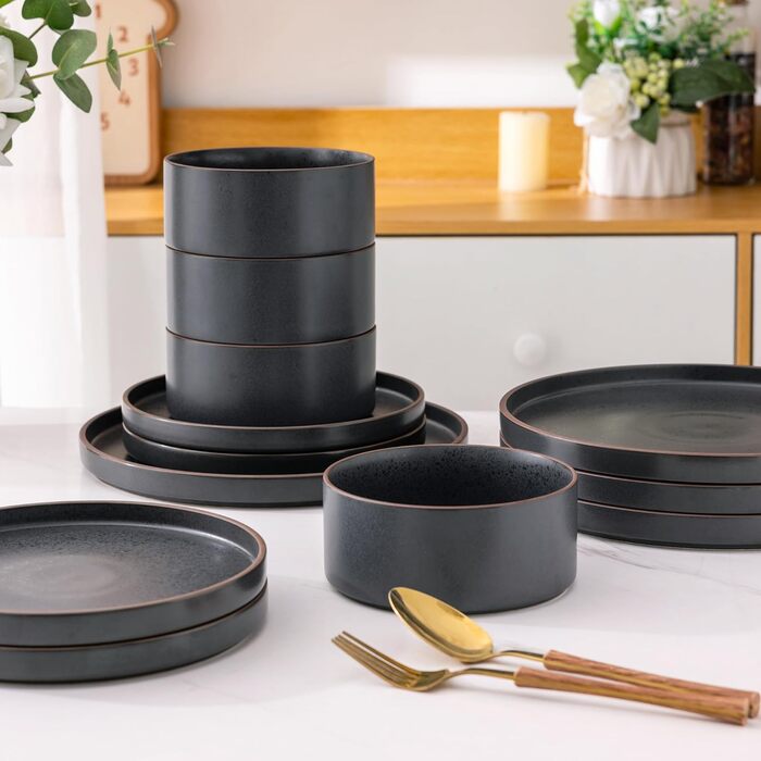 Набір посуду LeRatio на 6 осіб, 18 предметів, керамічний, стійкий до подряпин (антрацитовий сірий колір з коричневим краєм та крапками)