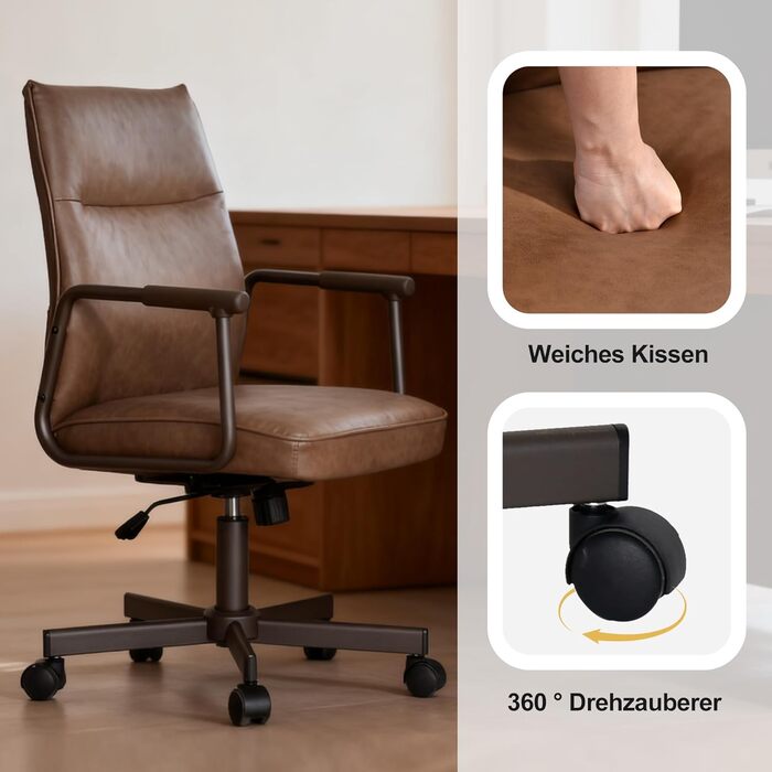 Офісне крісло Duhome з регулюванням висоти, поворот на 360°, матеріал PVC, для офісу, вітальні, спальні, коричневе