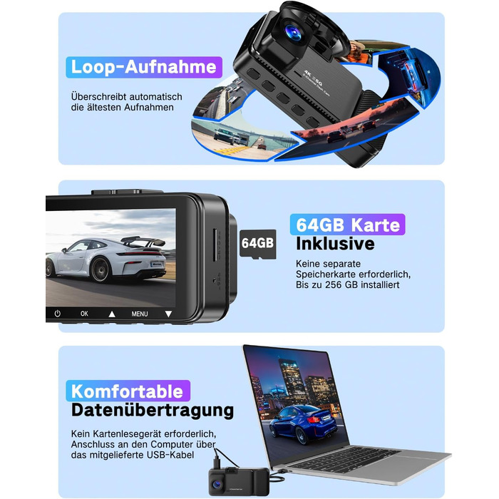 3-канальний автомобільний відеореєстратор 4K (передня, внутрішня та задня камери), кут огляду 170°/150°/150°, нічна зйомка, G-сенсор, циклічний запис, 24гд паркування, карта пам'яті 64 ГБ, чорний