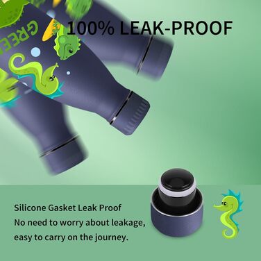 Термос Vikaster 500 мл, термофляга з нержавіючої сталі, без BPA, не протікає, багаторазовий. Ідеально для велосипеда, кемпінгу, йоги, спортзалу, фітнесу, школи, подорожей, активного відпочинку. (350 мл, Темно-синій, Динозавр)