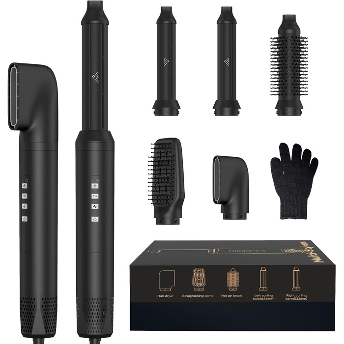 Набір для укладки волосся 6 в 1: фен-щітка, плойка, випрямляч, термощітка, фен, для всіх типів волосся (Чорний)