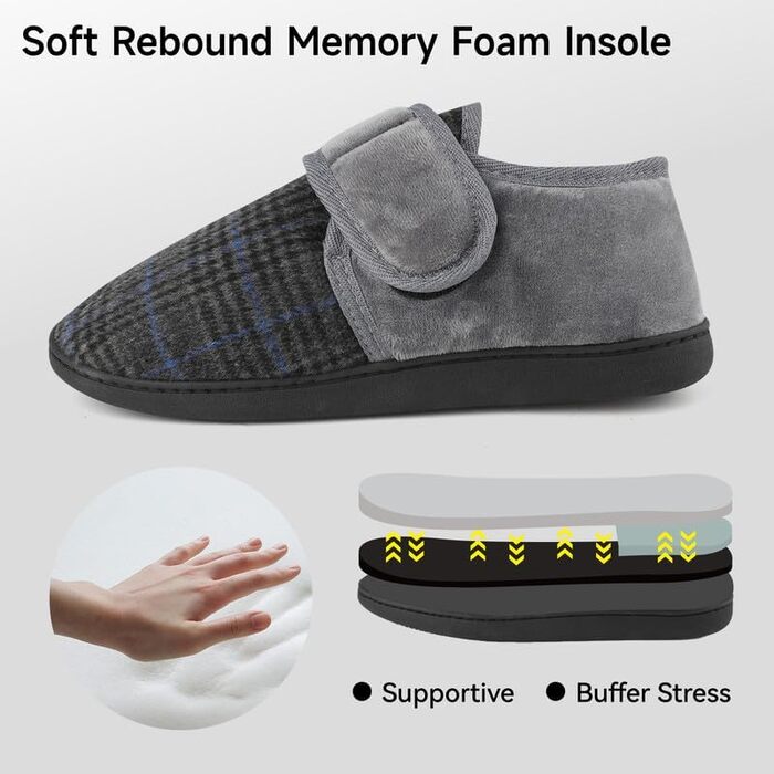 Теплі халапи для чоловіків TIESTRA з флокуванням, для діабетиків, широка нога, з фетрової в'язки, з підошвою з піною Memory Foam, з застібкою-липучкою, розмір 41-47 (Смужки сірого кольору, 46 EU)