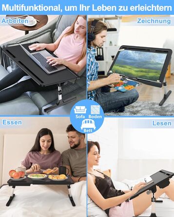 Стіл для ноутбука Potuopy з регульованою висотою та кутом нахилу, складний, великий розмір (60*40 см), чорний, з еко-деревом для роботи, читання та їжі на ліжку/дивані