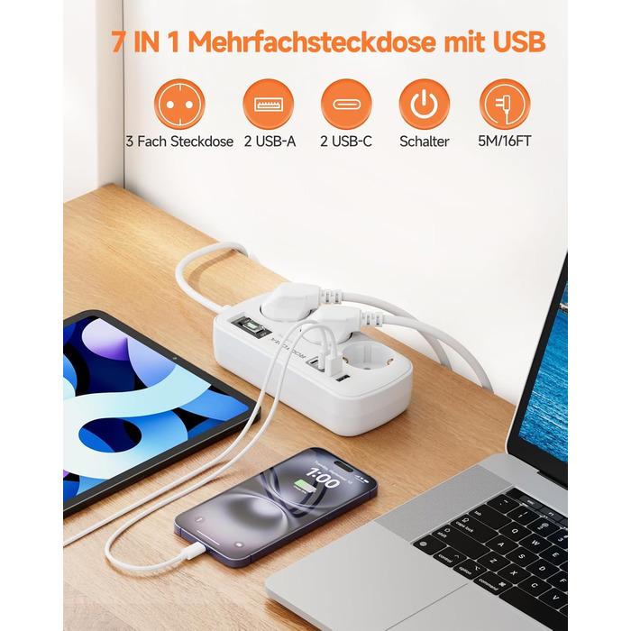 Многорозеткова станція з захистом від перенапруги, 3 розетки, 4 USB (2 USB-C), вимикач, кабель 1,5м, для дому/офісу, білий