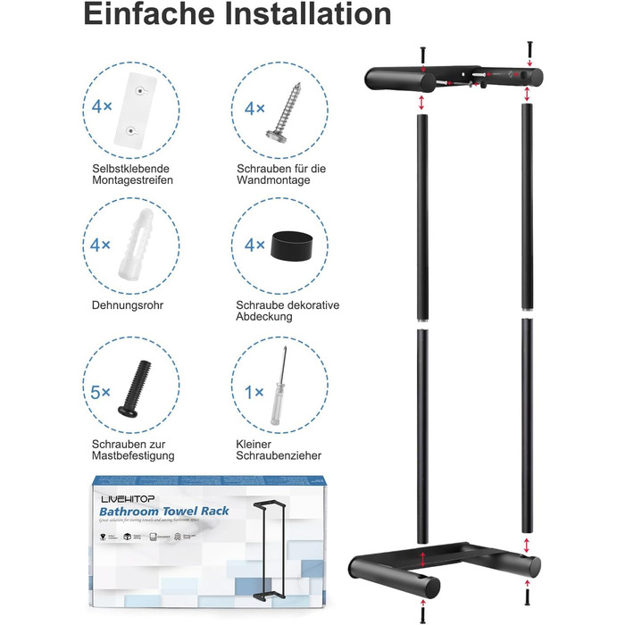 Настінна сушарка для рушників LIVEHITOP без свердління, 75 см, чорний, нержавіюча сталь, велика місткість