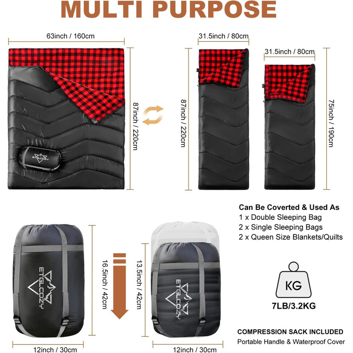 Спальний мішок двомісний ETGLCOZY для дорослих та дітей, XL Queen Size, 220*160 см, для кемпінгу, походів, трекінгу, вологостійкий, з компресійним мішком (чорний/червоний)