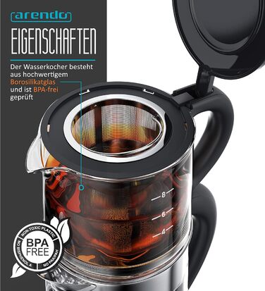 Arendo - Glass Water Kettle with Temperature Setting and Tea Strainer - Electric Kettle in Stainless Steel - Temperatures 70, 80, 90, 100 Degrees - 1.7 Liter - 2400 Watt - Keep Warm Function - BPA Free