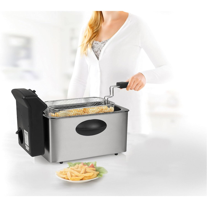 Princess Fritteuse – 2000 Watt, 4 Liter capacity, 800 g filling quantity, 4 people, thermostat, Cold Zone 182642, 01.182642.01.001, Silver