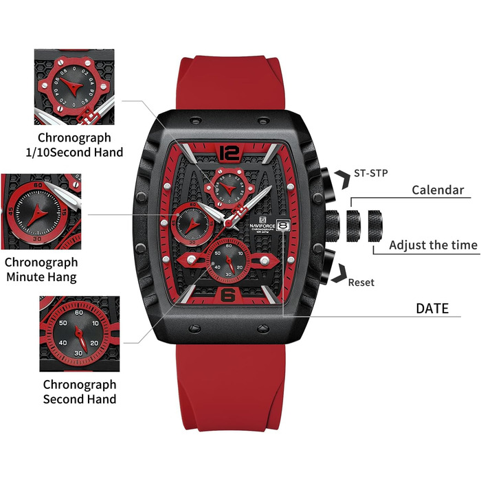 Чоловічий кварцовий годинник Naviforce з автом. датою та індикатором тижня, аналоговий, чорний+червоний+червоний