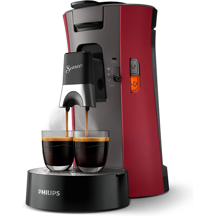 PHILIPS Senseo Select Coffee Pad Machine - Coffee Strength Choice Plus, Memo Function, Made from Recycled Plastic, 1450 Watts, 0.9 Liters, Red (CSA240/90)