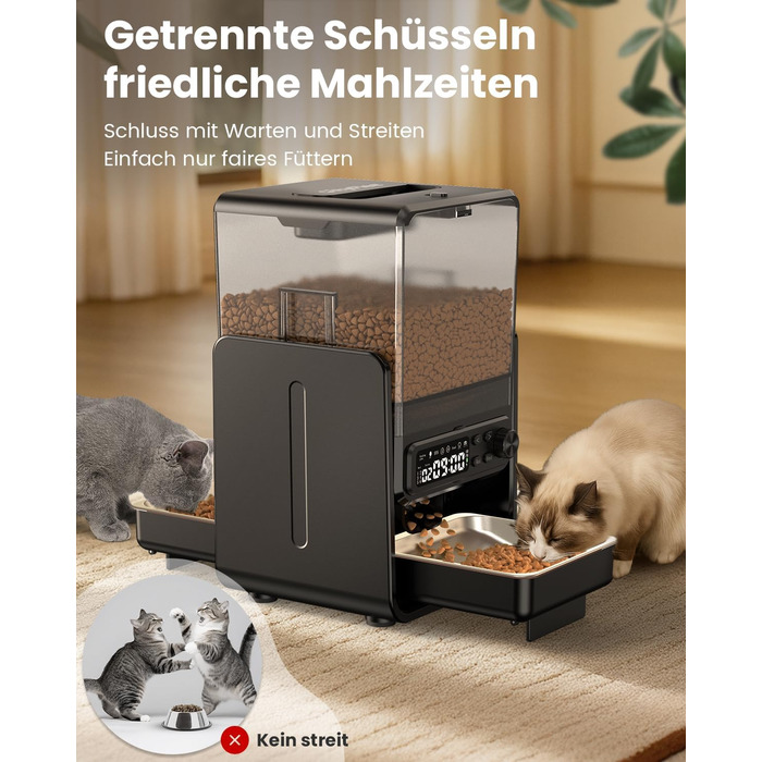 Автомат годівлі для котів з керуванням через додаток, для 2 котів, регульована висота, 2 миски, 5 л, з функцією запису голосу та таймером