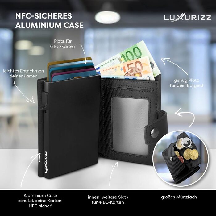 Чоловічий/Жіночий шкіряний гаманець Luxurizz Smart з RFID-захистом - Slim модель з відділенням для монет та карт (10 карт) - карбоновий