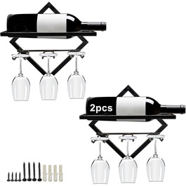 2pcs Metal Wall Mounted Wine Rack Stemware Glass Rack, Foldable Wall Hanging Red Wine Shelf Organizer with 3 Stem Glass Holders, Black Wine Bottle Hanger for Home Kitchen Bar Wall Decor