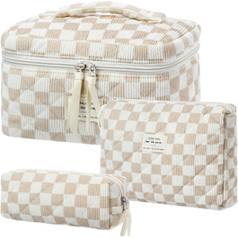 Набір косметичок 3 шт. з квітковим принтом, для подорожей та повсякденного використання | Косметичка для макіяжу для жінок та дівчат. Хакі в клітинку