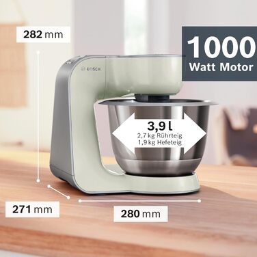 Кухонний комбайн Bosch Serie 4 MUM58L20, 1000 Вт, чаша 3,9 л, міксер 1,25 л, планетарне змішування, насадки з нержавіючої сталі, шинкувальна насадка, 3 диски, сірий/сріблястий