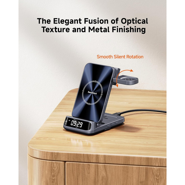 Бездротовий зарядний пристрій 3-в-1 для Fitbit, iPhone, Samsung, AirPods, SwanScout 708FB (без адаптера)