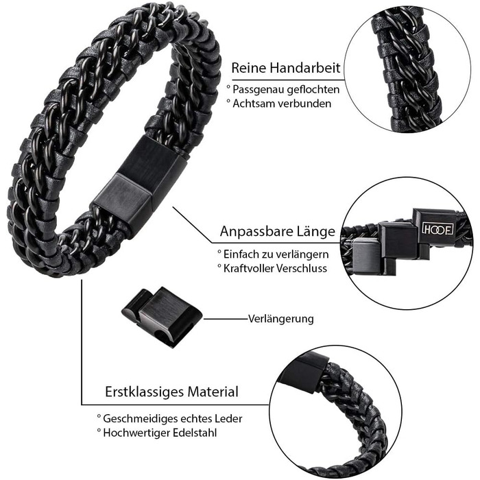 Чоловічий браслет з екошкіри та нержавіючої сталі, плетіння, стилі Рокер, Байкер, Вікінг, Готика, Панк. Чорний, 24 см.