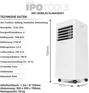 Мобільний кондиціонер IPOTOOLS 3-в-1: охолодження, вентиляція, осушення (9000 BTU)