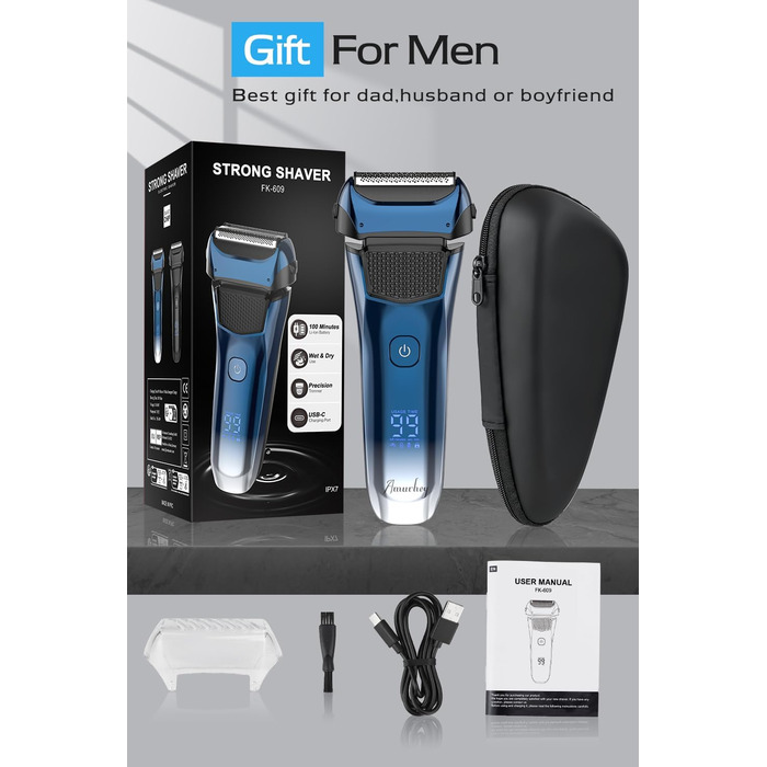 Електрична бритва чоловіча з 3 гнучкими лезами та тримером, синя. Бритва для вологого та сухого гоління, з кейсом для подорожей, акумуляторна, 120 хв роботи. Подарунок для чоловіків