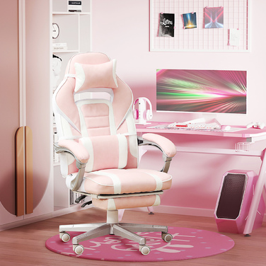 HOMCOM Gaming Chair with Footrest, Height-Adjustable Desk Chair with Head and Lumbar Cushion, Swivel Gaming Recliner with Adjustable Backrest, Faux Leather, Up to 120 kg, Pink | Aosom