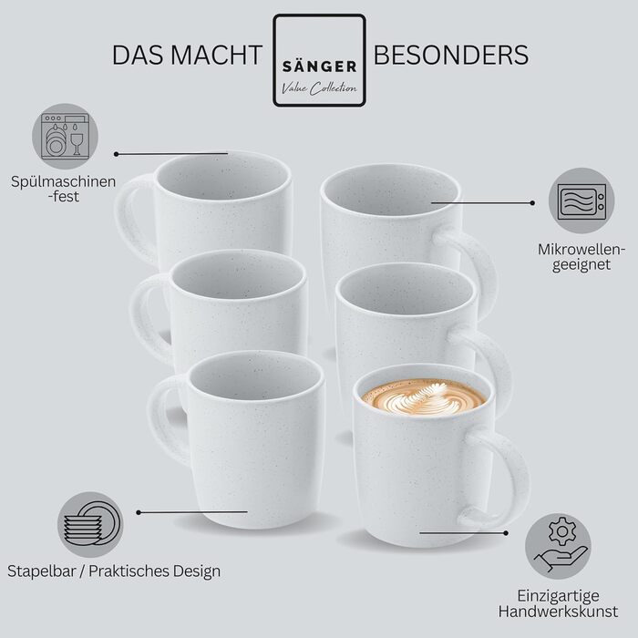 Набір посуду SÄNGER Steingut 12 предметів: 4 великі тарілки, 4 десертні тарілки, 4 глибокі тарілки, набір посуду для 4 осіб, кольоровий, стійкий до подряпин, VALUE COLLECTION (6 чашок для кави Leeds Frost)