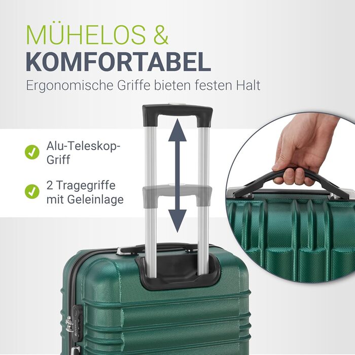 Набір валіз Juskys® Hartschale 4 шт. з кодовим замком, тихі колеса 360°, телескопічна ручка, легкий, зелений (3 шт.)