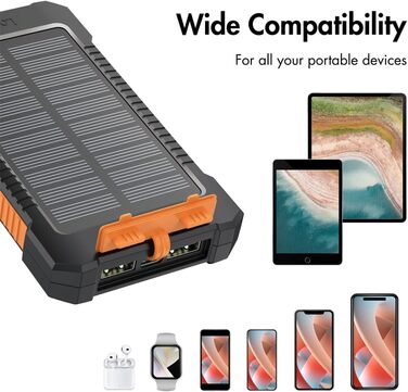 Портативний зарядний пристрій Solar Powerbank 8000 mAh з ліхтариком, чорно-помаранчевий, заряджає 2 пристрої (2x USB Type-A)