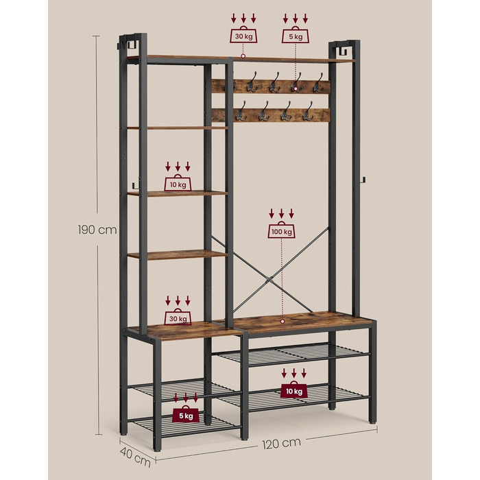 Стійка для одягу VASAGLE з полицею для взуття, 5 полиць, 9 тричі-гачків, 6 бічних гачків, 40 x 120 x 190 см, вінтажний коричневий + чорний, HSR426B01