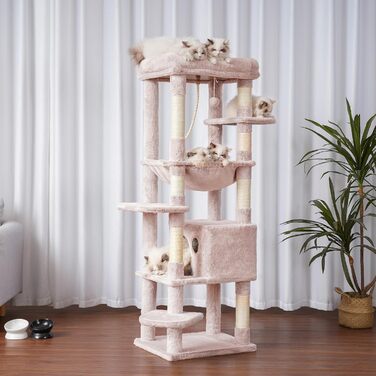 Дерев'яний будиночок для котів Heybly Kratzbaum з лежаком та печерею, 50x50x153 см, коричнево-бежевий, HCT050MU