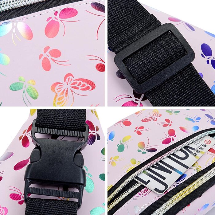 Металева поясна сумка AYNKH з регульованим ремінцем, три відділення, водонепроникна фанна-пак для відпочинку, спорту, подорожей (Білий метелик)