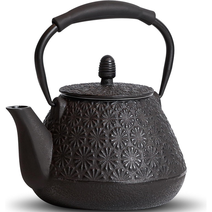 Cast Iron Teapot, 950ml Japanese Cherry Blossom Pattern Teakettle, Stovetop Safe, Infuser for Loose Tea & Coffee, Silicone Handle, Enamelled Interior, 32oz Blue (Black)