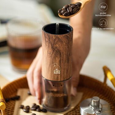 Ручний кавомол Capy Brew з керамічним жорном і складаною ручкою, для мелення кавових зерен (French Press, Moka, еспресо), легкий, тихий, довговічний, нековзкий корпус під дерево