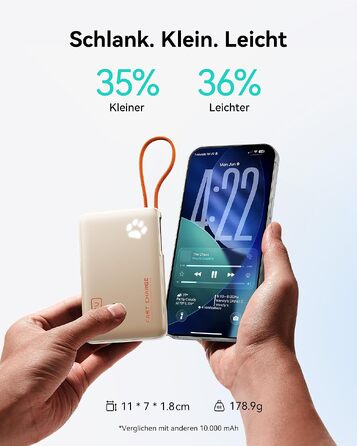 Повербанк INIU 10000mAh 45W з вбудованим кабелем USB-C, швидка зарядка для iPhone 17 16 Pro, Samsung S26 S25, Xiaomi, iPad (Зелений)