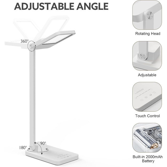 LED лампа настільна LENDOO з двома головками, регульована яскравість 700 люмен, 5 рівнів регулювання, 5 кольорових режимів, USB-порт для зарядки та вбудований акумулятор 2000mAh, для дітей, спальні, читання (білий - квадратна)
