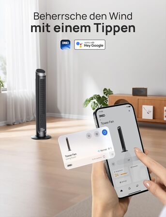 DREO Smart Tower Ventilator: Тихий вентилятор з Wi-Fi, дистанційним керуванням та керуванням голосом (Alexa), 90° осциляція, 5 швидкостей, 12-годинний таймер, сріблястий