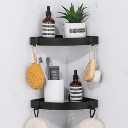 DUFU Shower Shelf Corner Shelf, Shower Organizer Without Drilling Stainless Steel Shower Basket Self-Adhesive, Corner Bathroom Organizer Shampoo Holder with 4 Hooks for Shower, 2 Pack Black