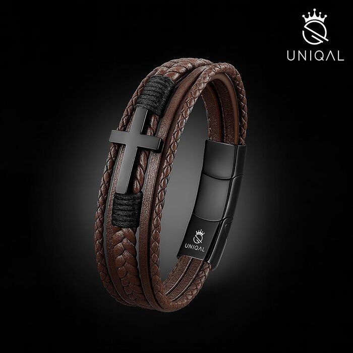 Чоловічий шкіряний браслет UNIQAL 'HEAVEN' з хрестом та магнітним замком, коричневий 19 см + подовжувач, в подарунковій коробці