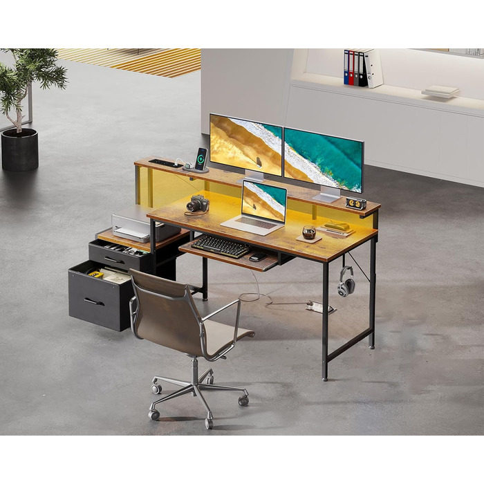 Ігровий стіл Coleshome з LED підсвічуванням, стіл для комп'ютера з ящиками з тканини, 2 розетки та 2 USB-порти, стіл для дому та офісу з підставкою для монітора (140x48 см, коричневий)