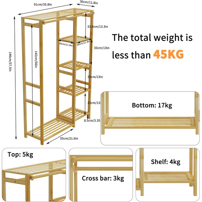 Bamboo Clothes Rack, Coat Stand with Shelves, Laundry Rack with Curtain and Clothes Rail, 90x30x146.6cm