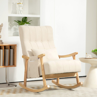 HOMCOM Rocking Chair, Padded Rocking Chair with Lumbar Pillow, Side Pocket, Recliner, Wooden Frame, Linen-Look for Living Room, Bedroom, Beige